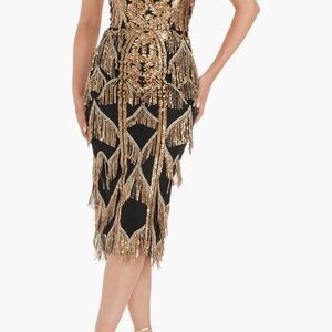 Dress the Population Gold and Black Midi Dress